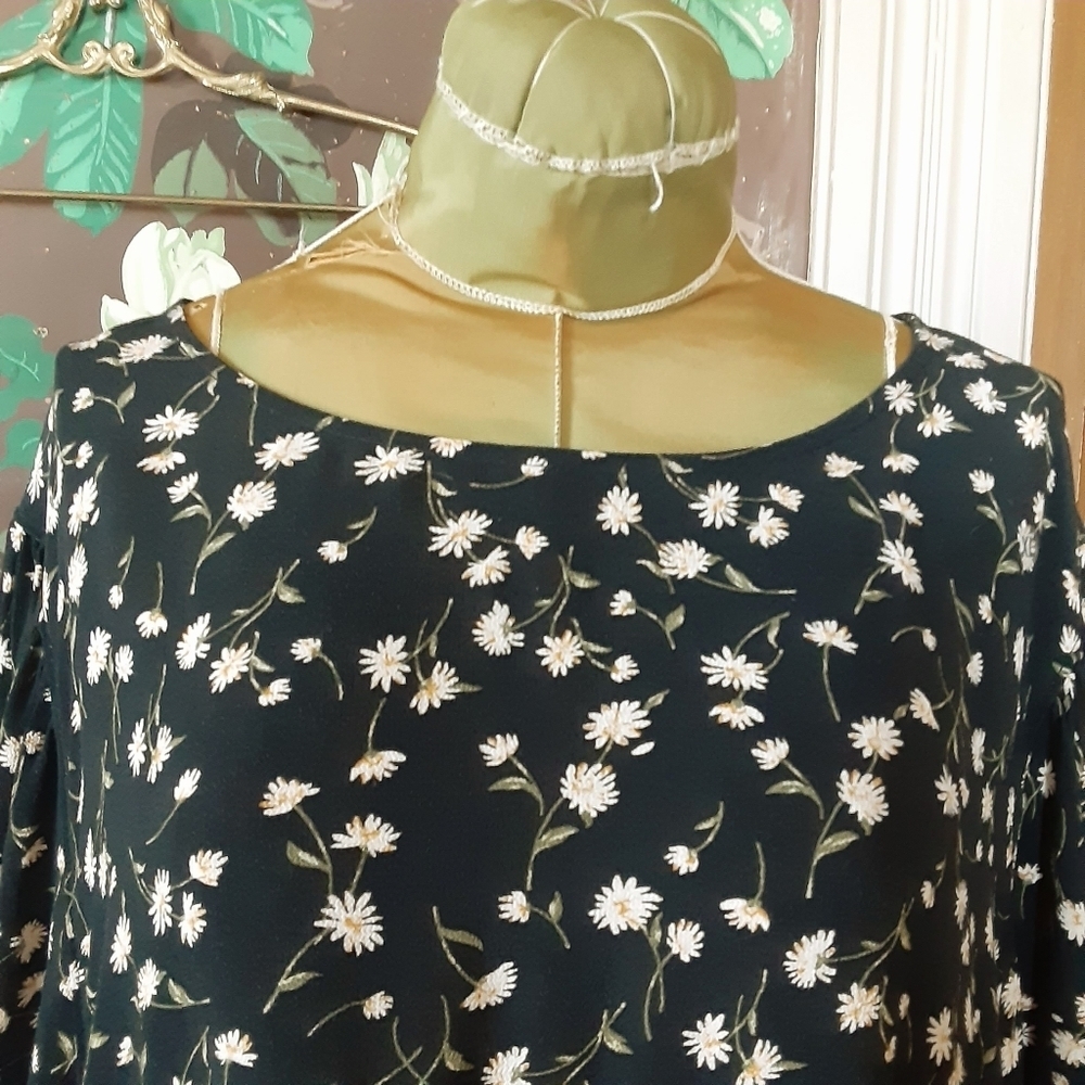 American Eagle XL Black Floral Babydoll Tunic Top Boho Peasant Long Sleeve - Picture 2 of 15
